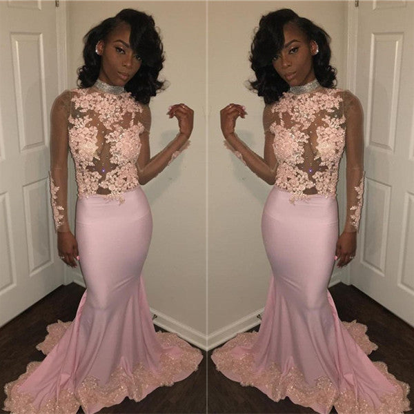 Chic Mermaid Pink High Neck Prom Dresses Long Sleevess Appliques Evening Gowns with Beadings-showprettydress