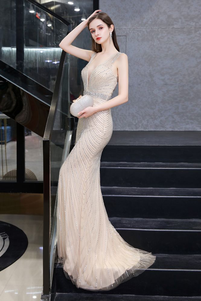 Chic Mermaid V-neck Silver Mermaid Prom Party Gowns-showprettydress