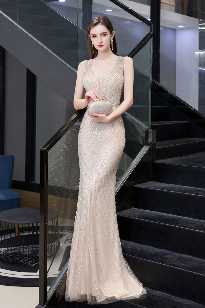 Chic Mermaid V-neck Silver Mermaid Prom Party Gowns-showprettydress