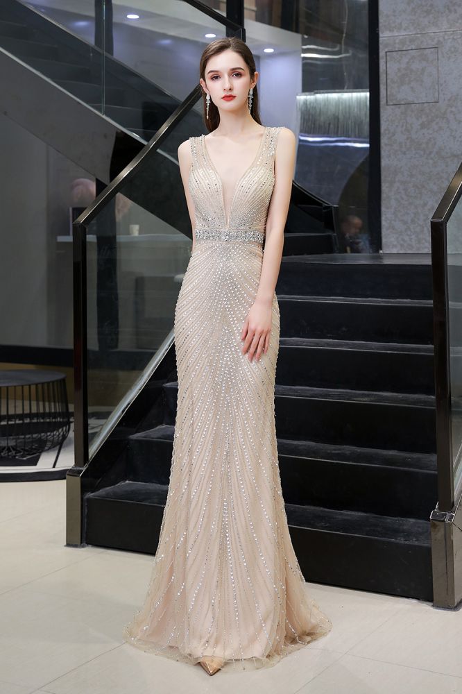 Chic Mermaid V-neck Silver Mermaid Prom Party Gowns-showprettydress