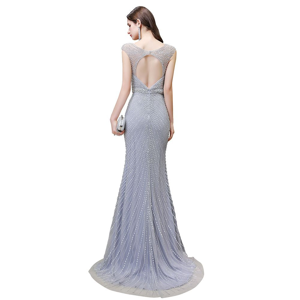 Chic Mermaid V-neck Silver Mermaid Prom Party Gowns-showprettydress