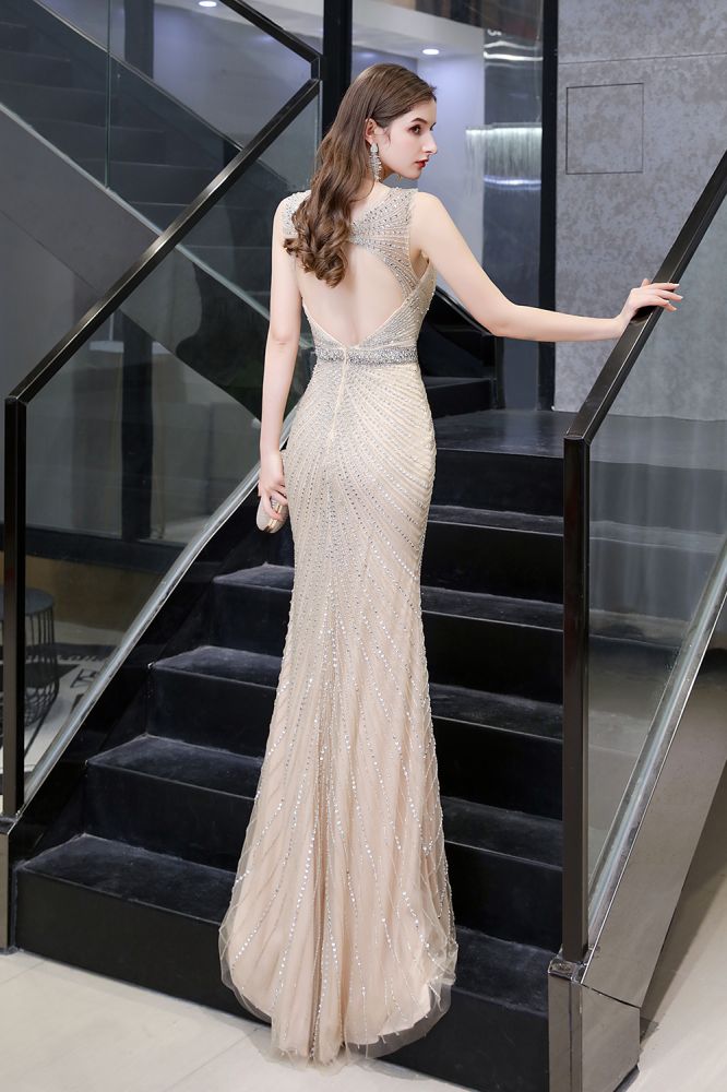 Chic Mermaid V-neck Silver Mermaid Prom Party Gowns-showprettydress