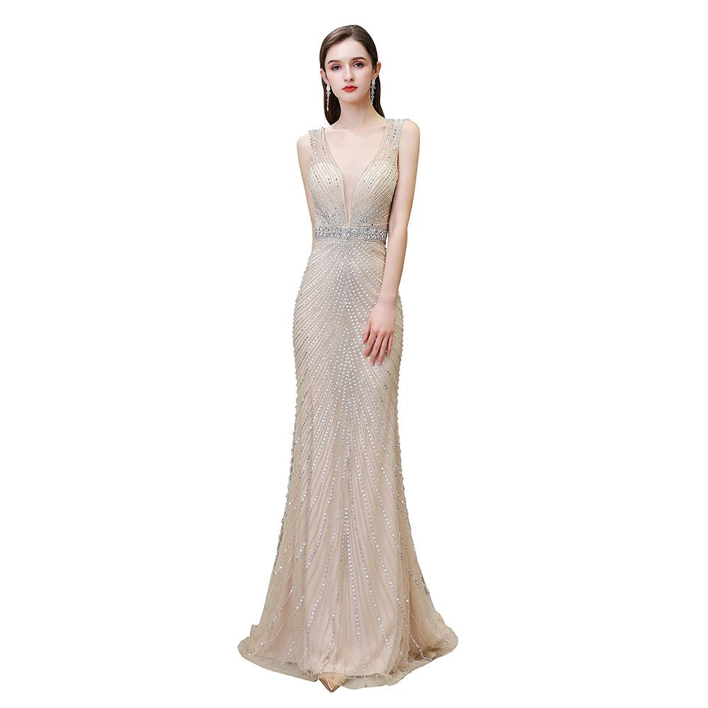 Chic Mermaid V-neck Silver Mermaid Prom Party Gowns-showprettydress