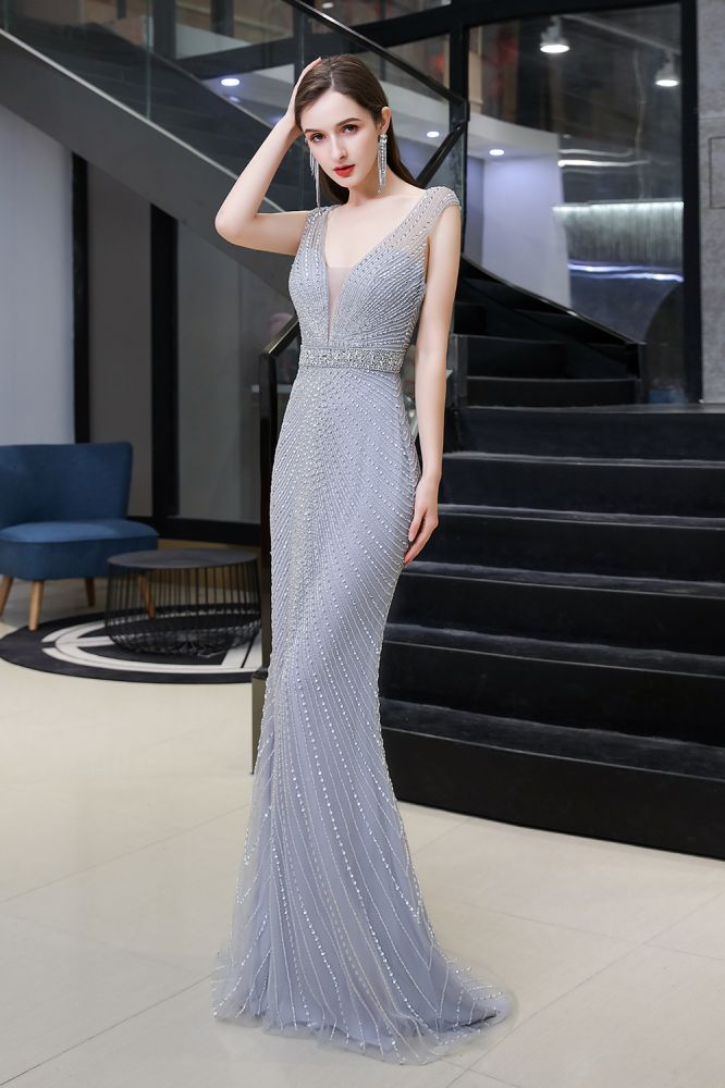 Chic Mermaid V-neck Silver Mermaid Prom Party Gowns-showprettydress