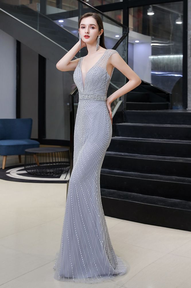 Chic Mermaid V-neck Silver Mermaid Prom Party Gowns-showprettydress