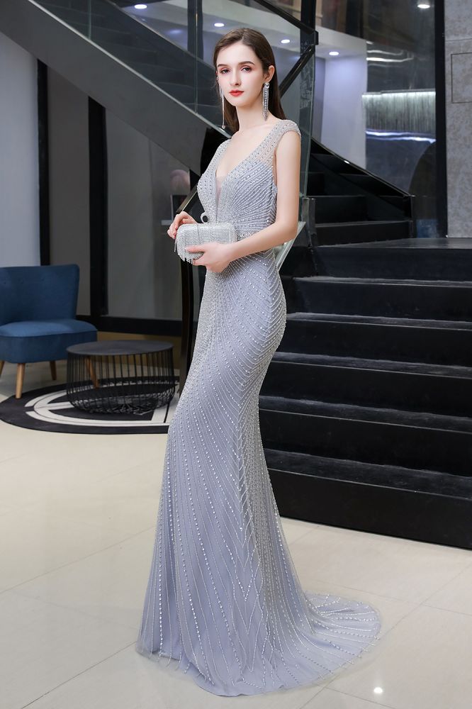 Chic Mermaid V-neck Silver Mermaid Prom Party Gowns-showprettydress