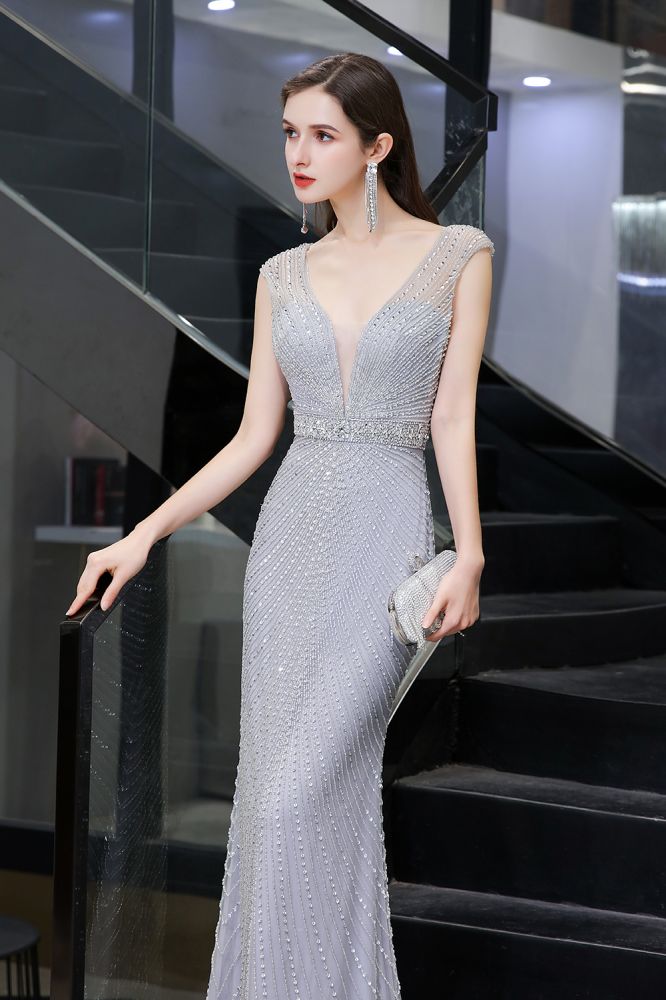 Chic Mermaid V-neck Silver Mermaid Prom Party Gowns-showprettydress