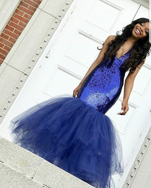 Chic Navy Blue Mermaid Sequins Prom Dresses Tulle Sleeveless V-Neck Evening Dresses-showprettydress