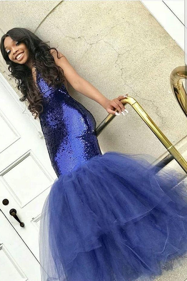 Chic Navy Blue Mermaid Sequins Prom Dresses Tulle Sleeveless V-Neck Evening Dresses-showprettydress