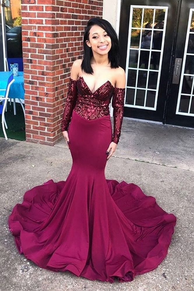 Chic Off-the-Shoulder Appliques Prom Party Gowns| Chic V-neck Long Sleevess Prom Gown-showprettydress