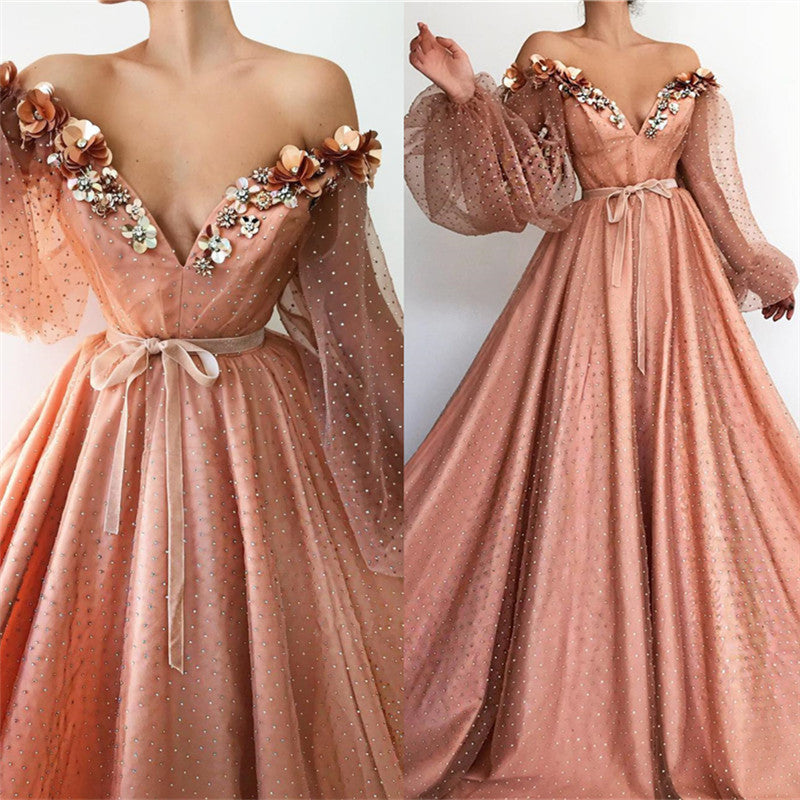 Chic Off-the-Shoulder V-neck Long Tulle Beading Long Sleevess Prom Party Gowns-showprettydress