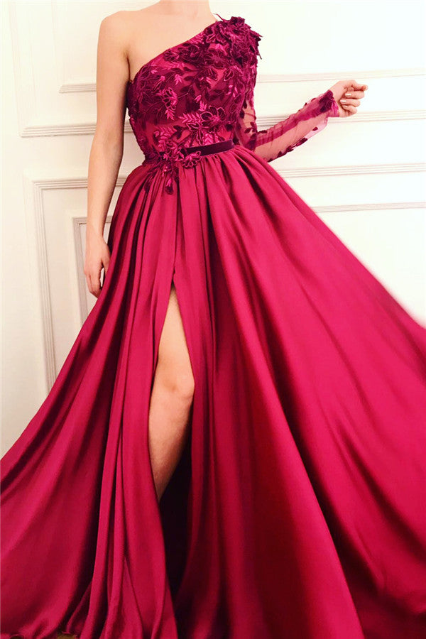 Chic One Shoulder Front Slit Burgundy Prom Party Gowns| Affordable One Sleeve Appliques Long Prom Party Gowns-showprettydress