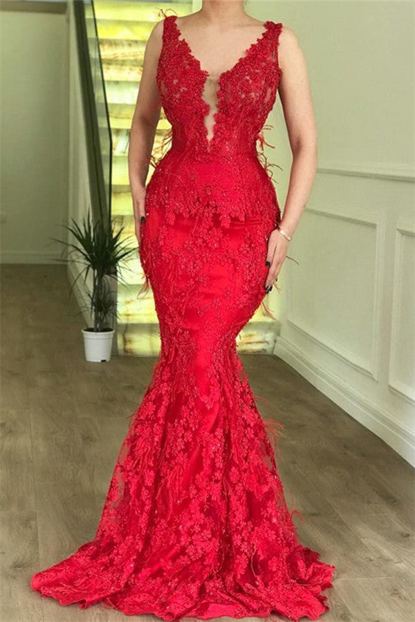 Chic Red Mermaid Sleeveless Lace Appliques Evenging Dresses-showprettydress