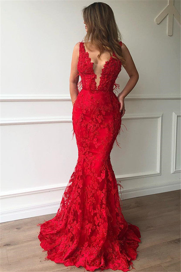 Chic Red Mermaid Sleeveless Lace Appliques Evenging Dresses-showprettydress