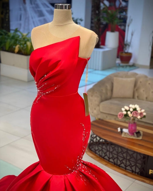 Chic Red Sleeveless Mermaid Prom dresses Long Evening Party Gowns-showprettydress