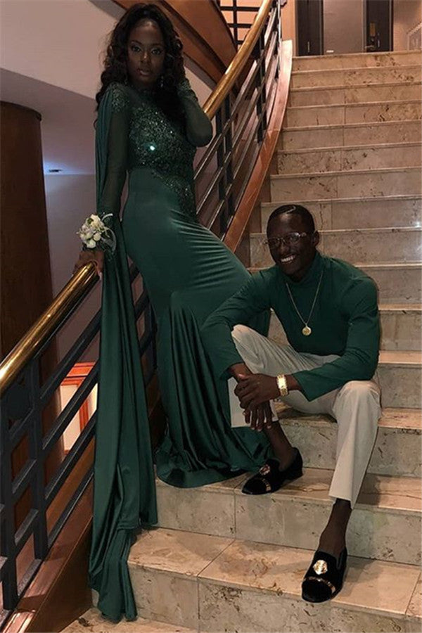 Chic Round Neck Long Sleevess Appliques Mermaid Prom Party Gowns-showprettydress