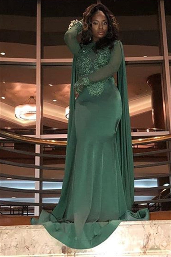 Chic Round Neck Long Sleevess Appliques Mermaid Prom Party Gowns-showprettydress