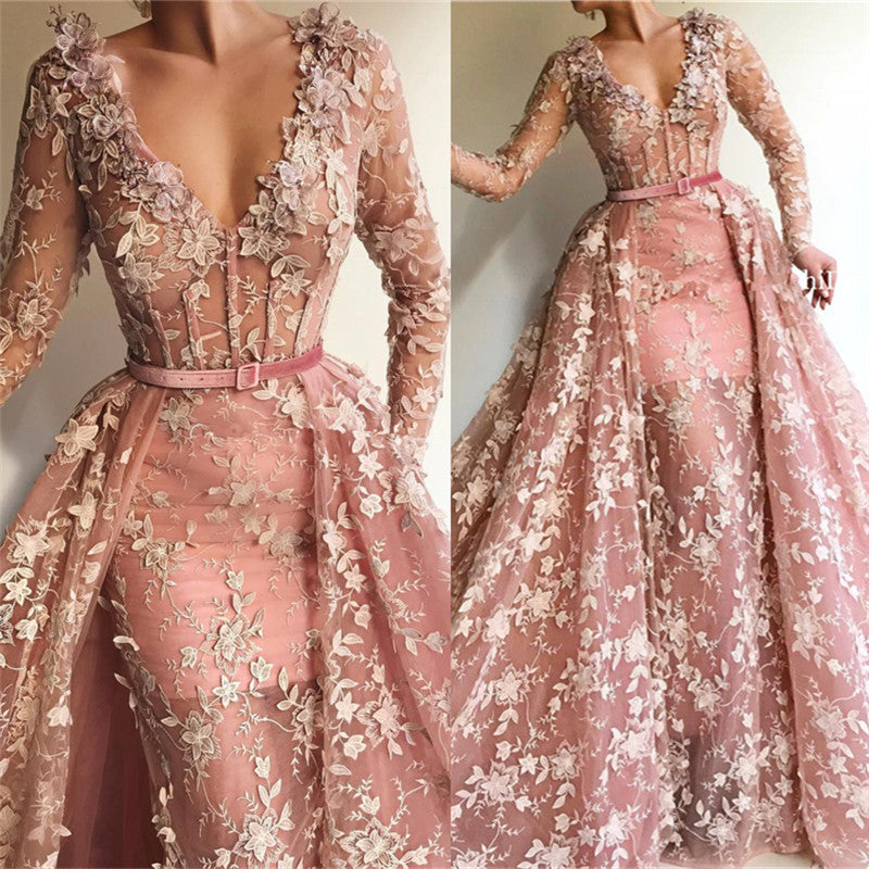 Chic See-Through Tulle Pink Long Sleevess Mermaid Prom Party Gowns-showprettydress
