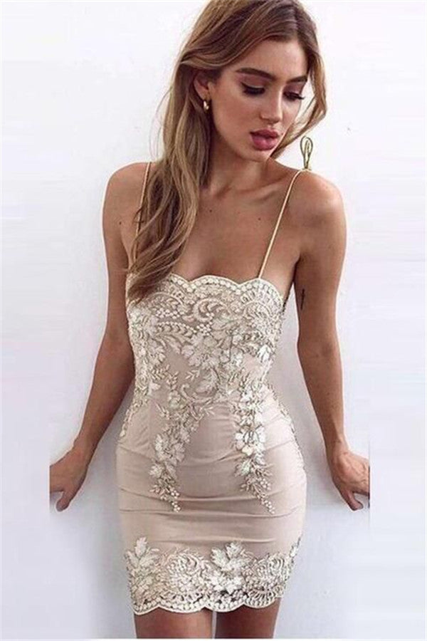 Chic Sheath Spaghetti Straps Short Homecoming Dresses Appliques Hoco Dresses-showprettydress