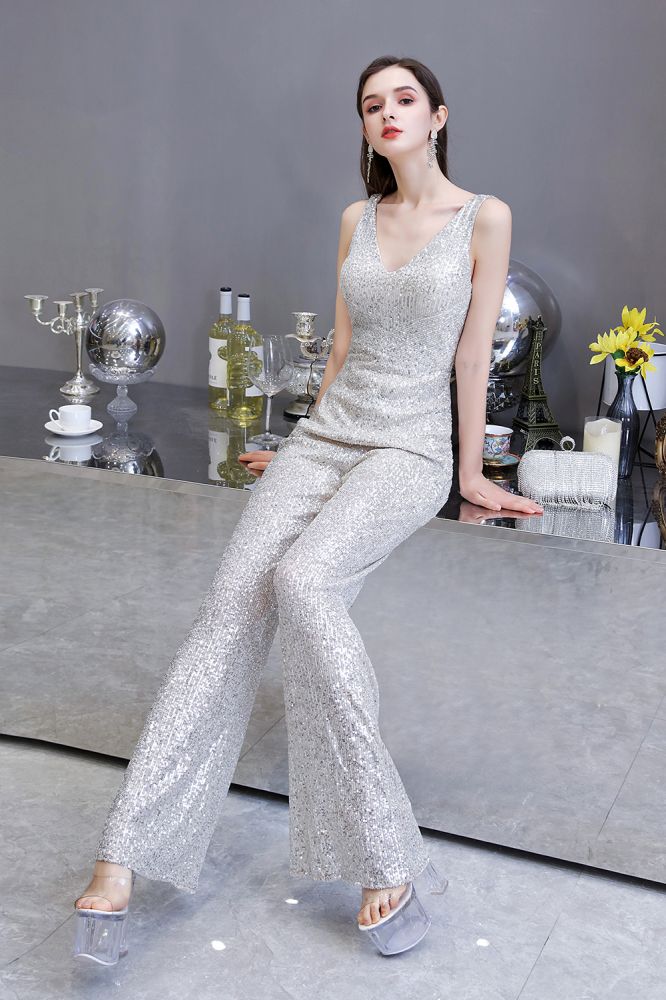 Chic Shining V-neck Silver Sequin Sleeveless Prom Jumpsuit-showprettydress