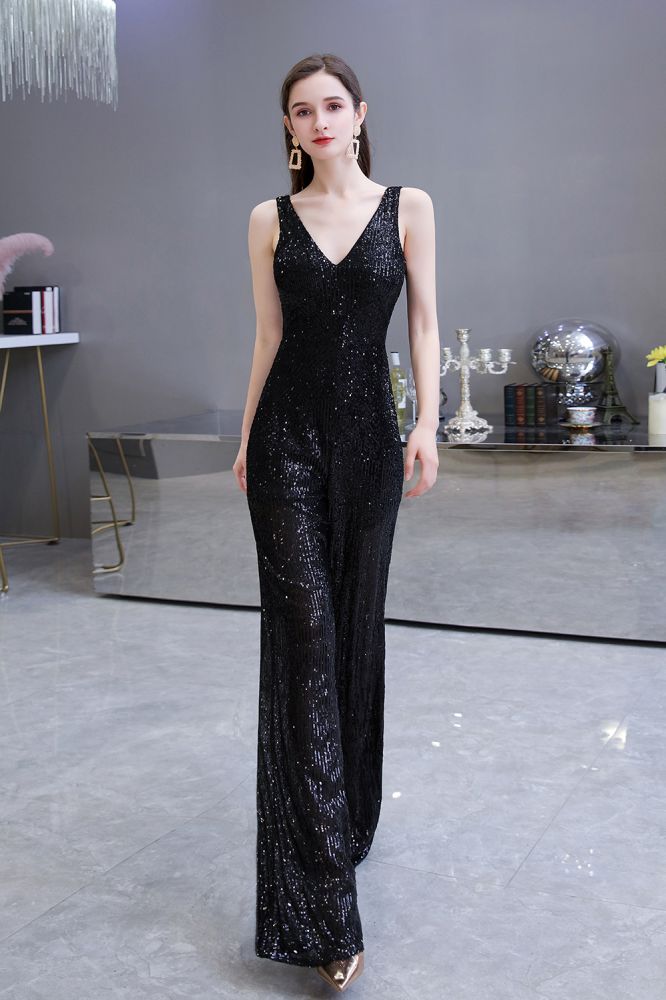 Chic Shining V-neck Silver Sequin Sleeveless Prom Jumpsuit-showprettydress