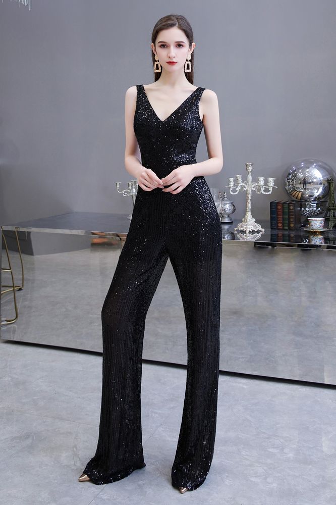 Chic Shining V-neck Silver Sequin Sleeveless Prom Jumpsuit-showprettydress