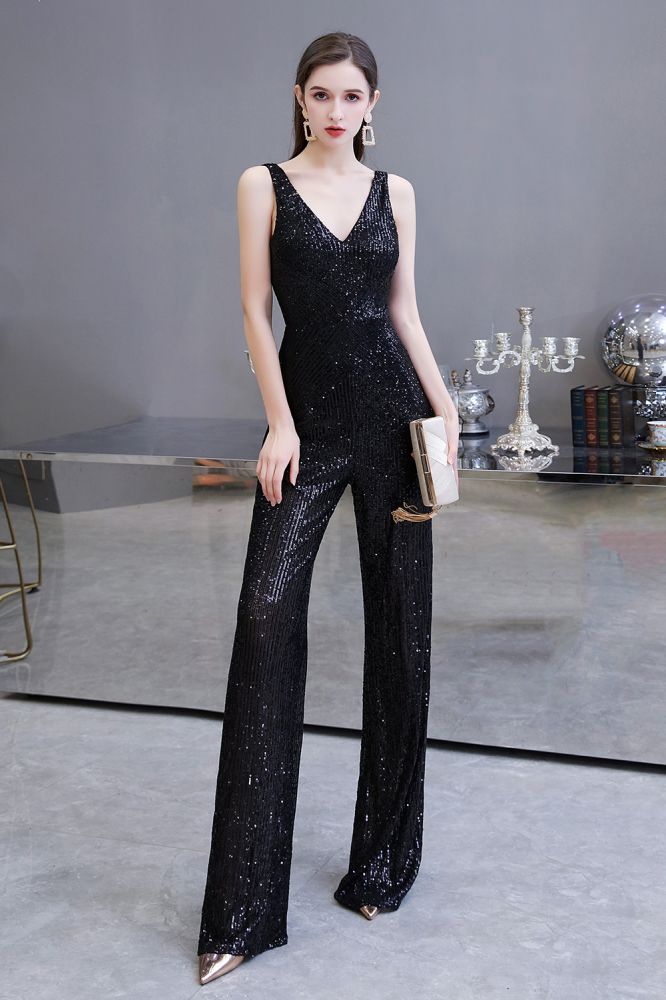 Chic Shining V-neck Silver Sequin Sleeveless Prom Jumpsuit-showprettydress
