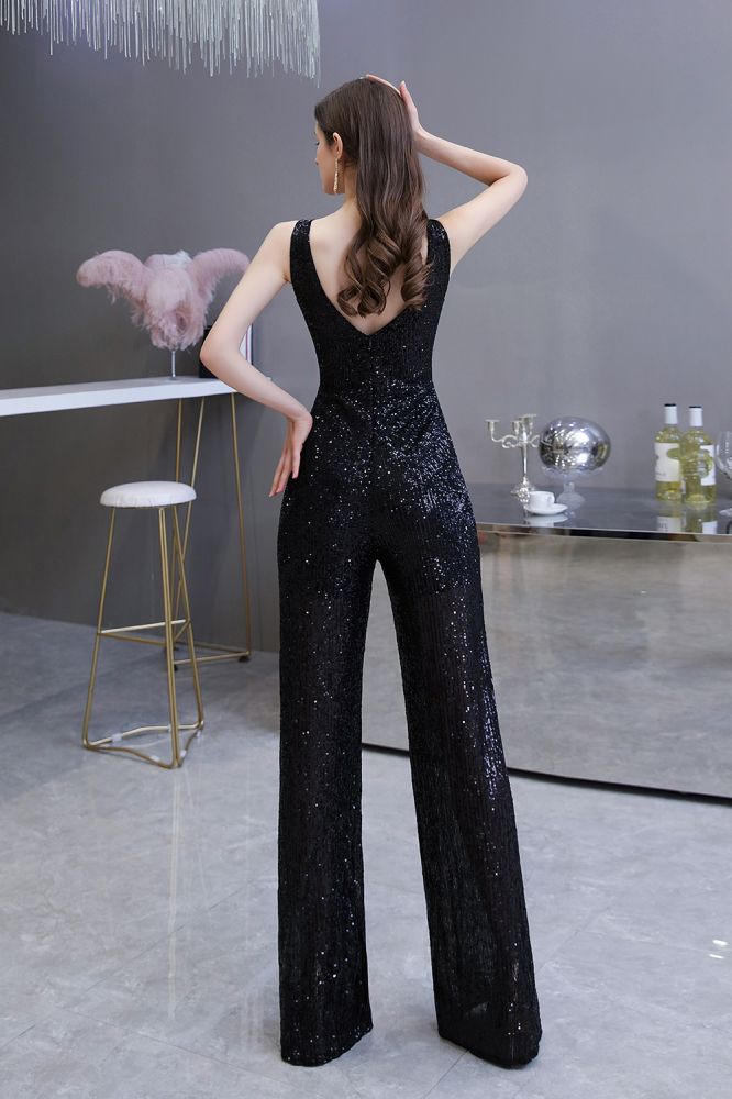 Chic Shining V-neck Silver Sequin Sleeveless Prom Jumpsuit-showprettydress