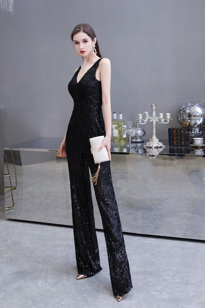 Chic Shining V-neck Silver Sequin Sleeveless Prom Jumpsuit-showprettydress
