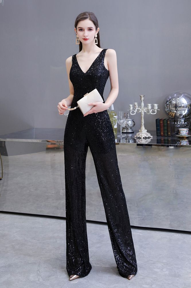 Chic Shining V-neck Silver Sequin Sleeveless Prom Jumpsuit-showprettydress