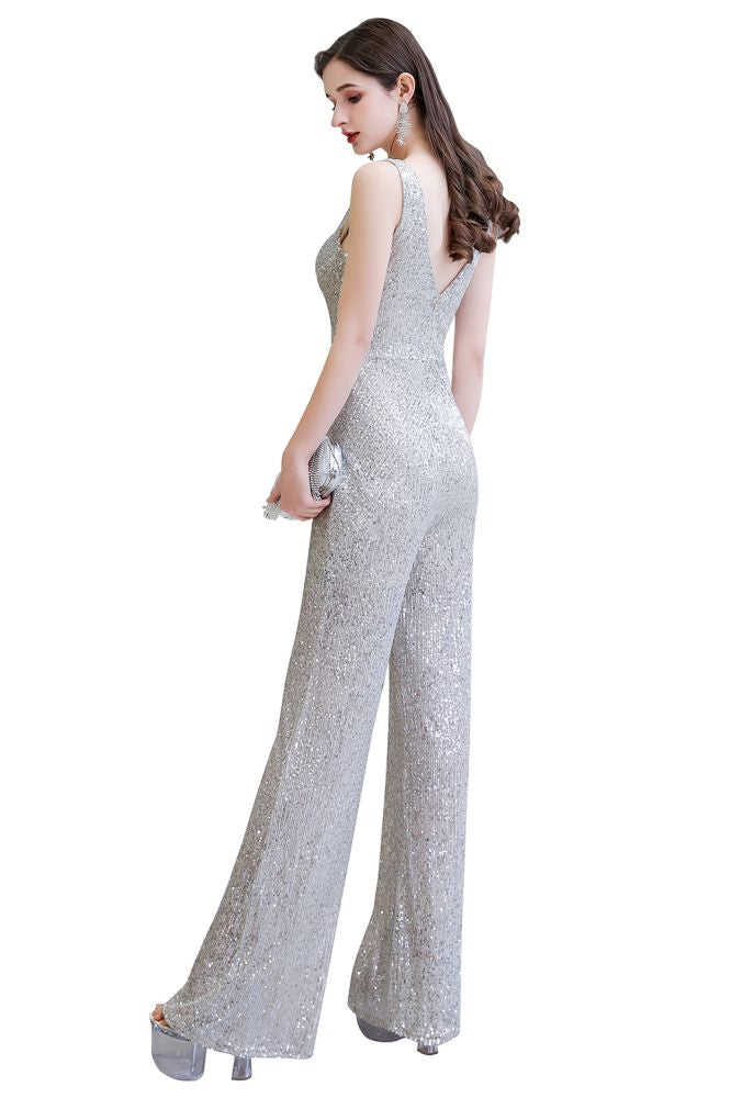 Chic Shining V-neck Silver Sequin Sleeveless Prom Jumpsuit-showprettydress