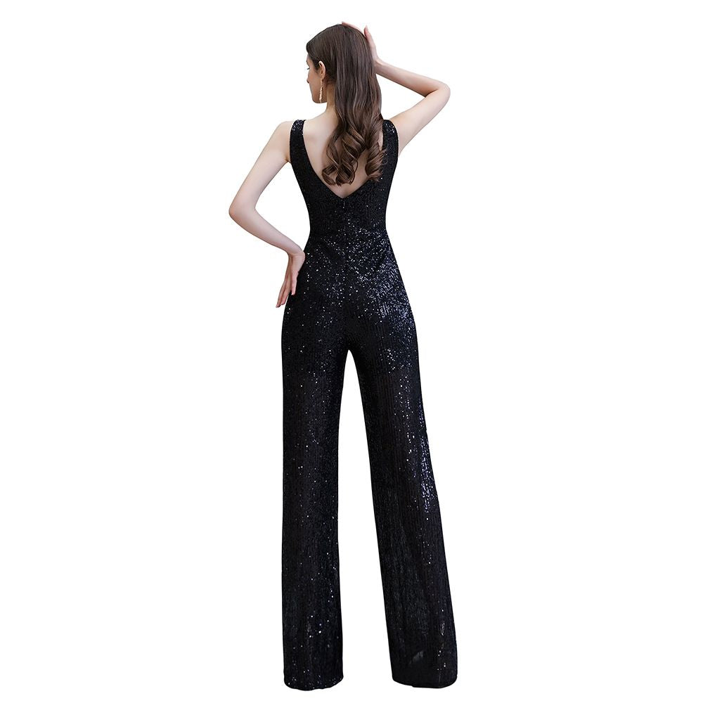 Chic Shining V-neck Silver Sequin Sleeveless Prom Jumpsuit-showprettydress