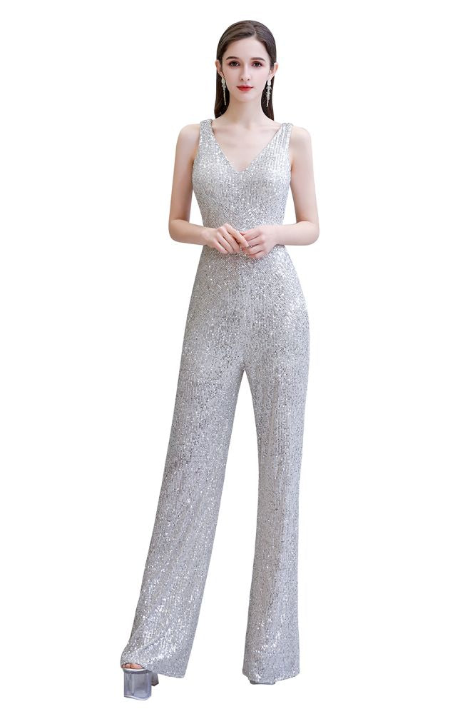 Chic Shining V-neck Silver Sequin Sleeveless Prom Jumpsuit-showprettydress