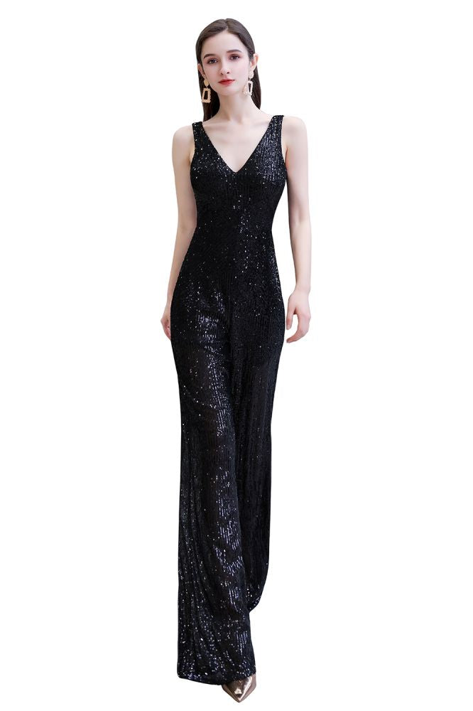 Chic Shining V-neck Silver Sequin Sleeveless Prom Jumpsuit-showprettydress