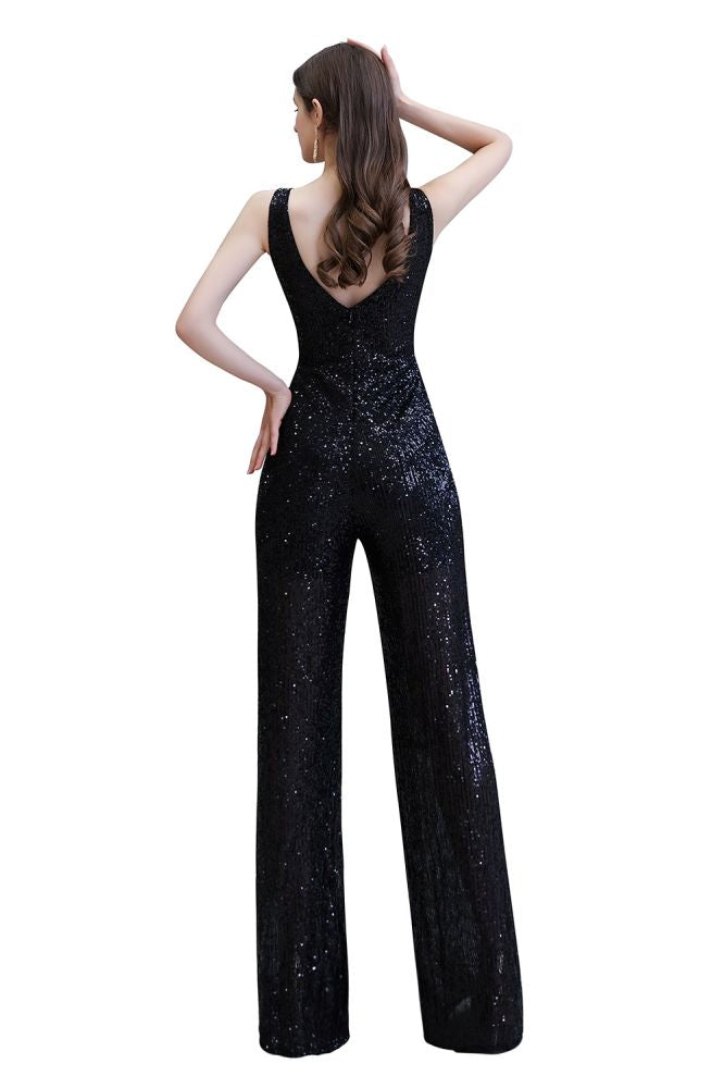 Chic Shining V-neck Silver Sequin Sleeveless Prom Jumpsuit-showprettydress