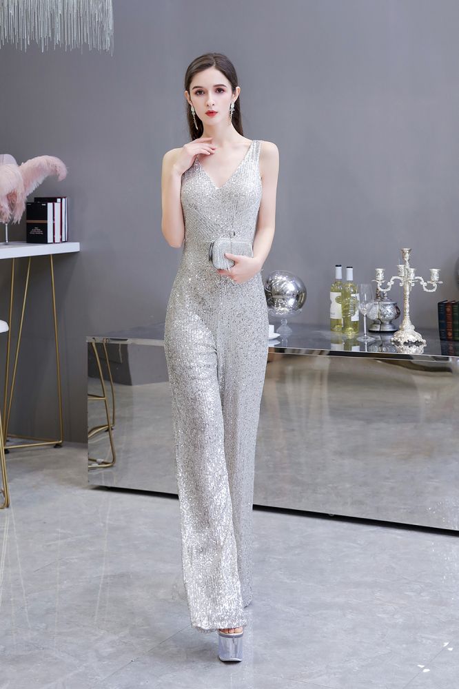 Chic Shining V-neck Silver Sequin Sleeveless Prom Jumpsuit-showprettydress