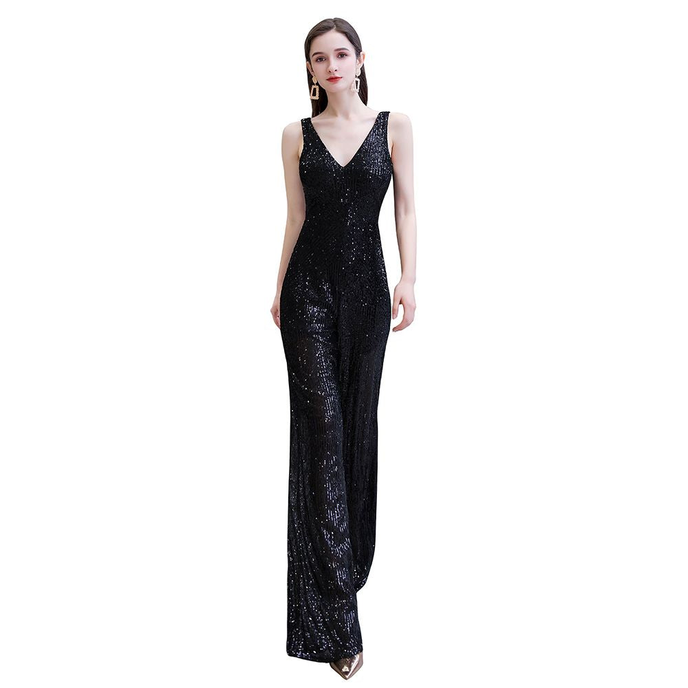 Chic Shining V-neck Silver Sequin Sleeveless Prom Jumpsuit-showprettydress