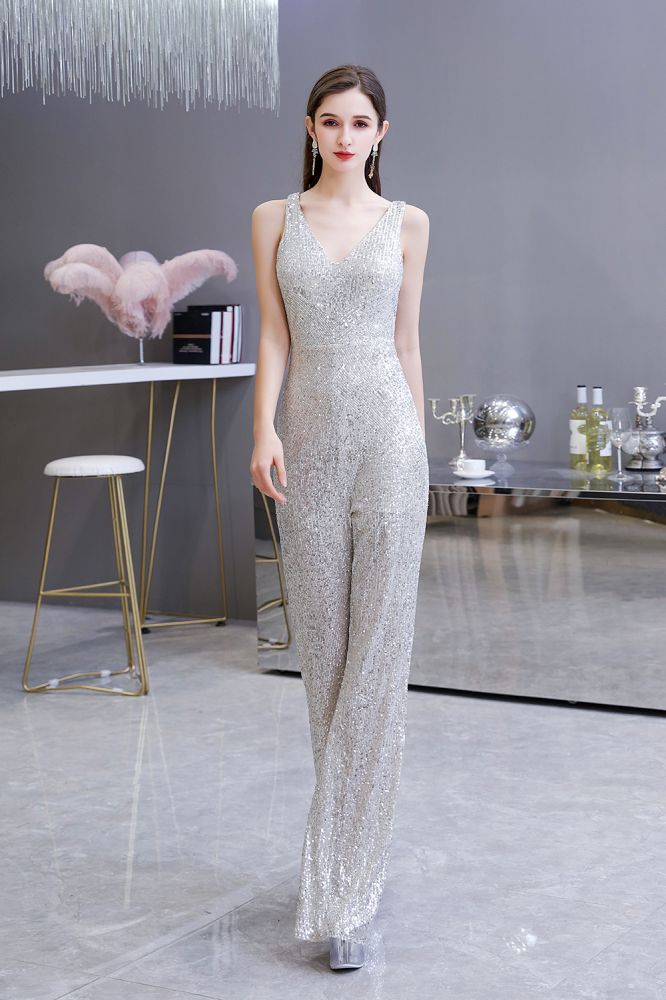 Chic Shining V-neck Silver Sequin Sleeveless Prom Jumpsuit-showprettydress