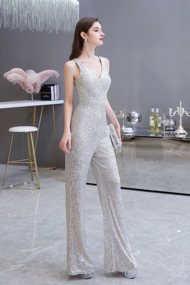 Chic Shining V-neck Silver Sequin Sleeveless Prom Jumpsuit-showprettydress