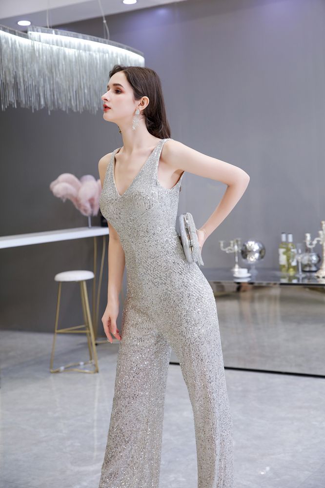 Chic Shining V-neck Silver Sequin Sleeveless Prom Jumpsuit-showprettydress