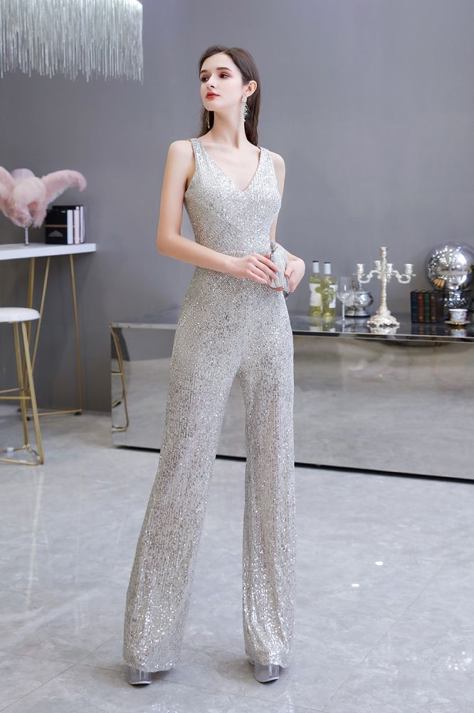 Chic Shining V-neck Silver Sequin Sleeveless Prom Jumpsuit-showprettydress