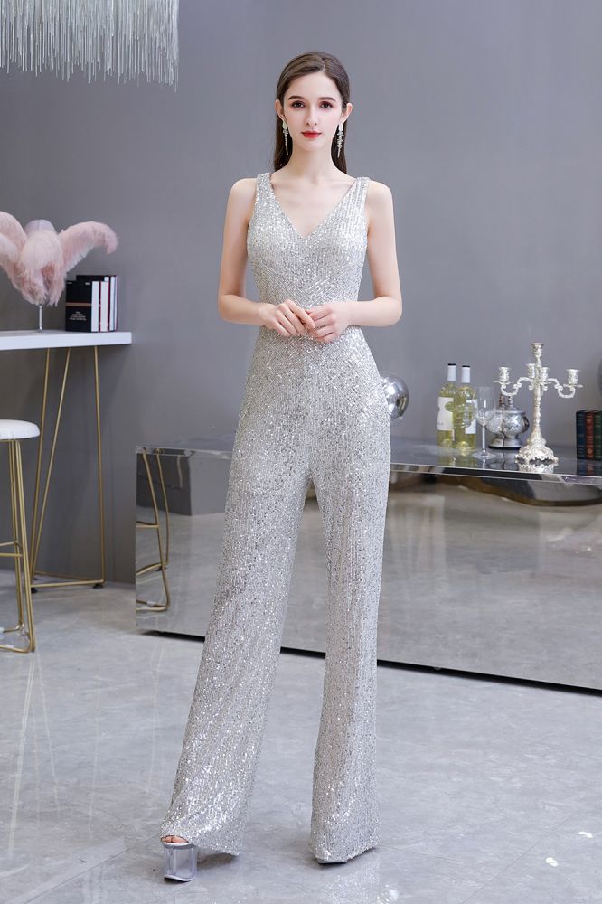 Chic Shining V-neck Silver Sequin Sleeveless Prom Jumpsuit-showprettydress