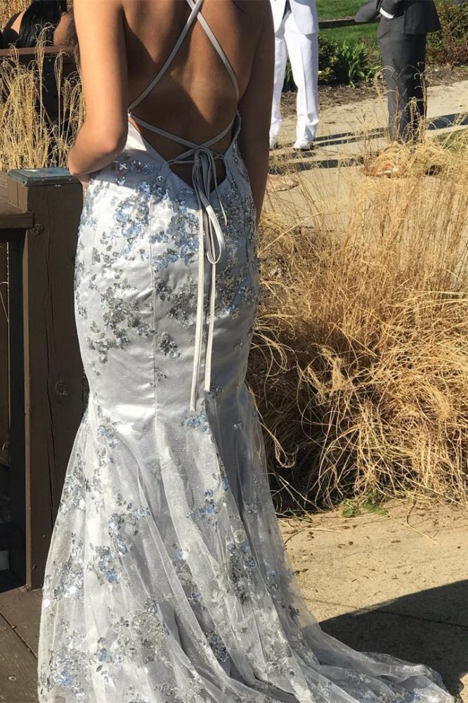 Chic Spaghetti Strap Lace Sleeveless Evening Gown Lace-Up Evening Dress-showprettydress