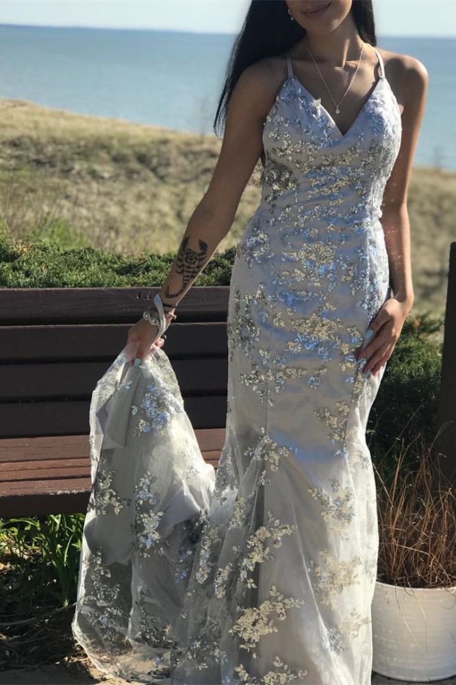 Chic Spaghetti Strap Lace Sleeveless Evening Gown Lace-Up Evening Dress-showprettydress