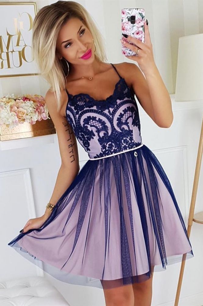 Chic Spaghetti Straps Lace Homecoming Dress Sleeveless Short Grape Homecoming Dress-showprettydress
