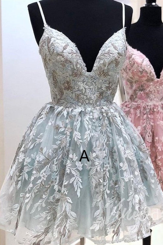 Chic Spaghetti Straps Short Homecoming Dress V-neck Sleeveless Lace Cocktail Dress-showprettydress