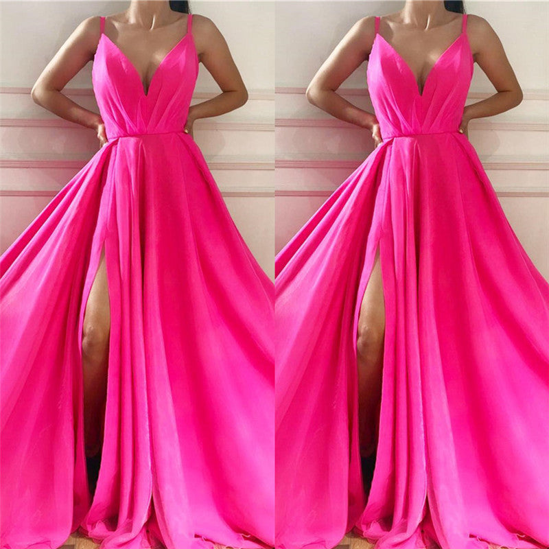 Chic Spaghetti Straps Sleeveless Long Prom Party Gowns| Affordable V-neck Front Slit Long Pink Prom Party Gowns-showprettydress