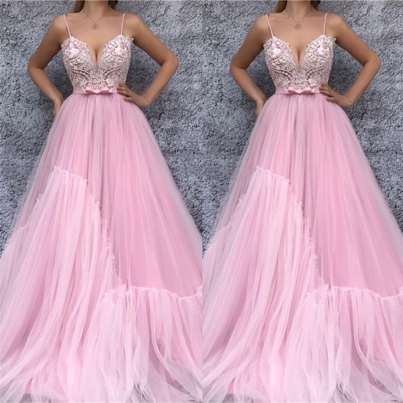 Chic Spaghetti Straps V-neck Pink Prom Party Gowns| Chic Lace Bodice Long Prom Party Gowns with Sash-showprettydress