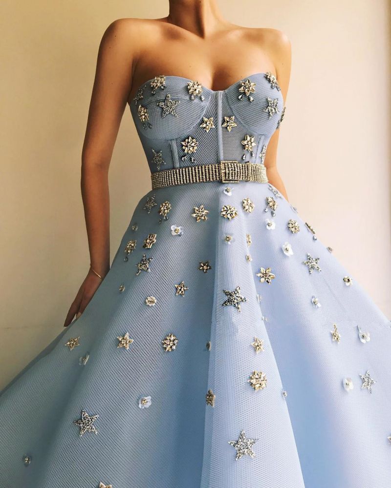 Chic Strapless Sweetheart Beading Flowers Prom Party Gowns| Chic Blue Tulle Long Prom Party Gowns with Beadning Sash-showprettydress