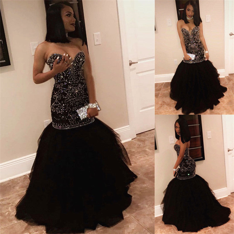 Chic Sweetheart Beads Prom Dresses Mermaid Black Sequins Evening Gown-showprettydress